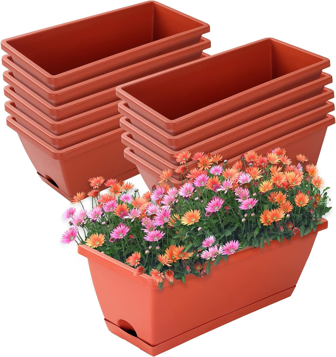 Window Box Planter, 12 Pack Plastic Vegetable Flower Planters Boxes 17 Inches Rectangular Flower Pots with Saucers for Indoor Outdoor Garden, Patio, Home Decor (Brick red)
