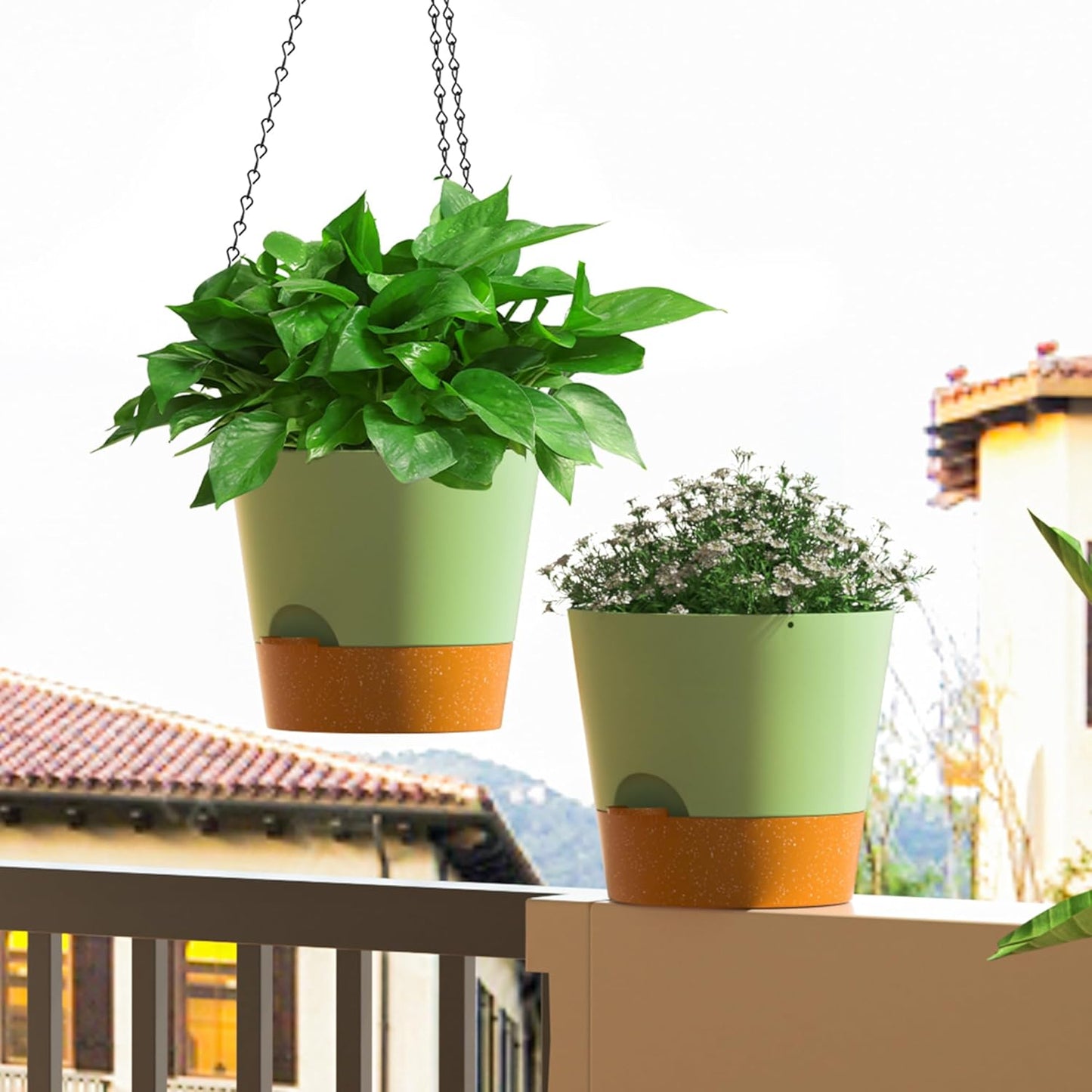 Hanging Planters for Indoor Outdoor Plants, 2 Pack Self Watering Hanging Pot with Drainage Holes and Plant Hangers, Hanging Baskets Flower Pots for Home Garden Decor (Green, 10 inch)