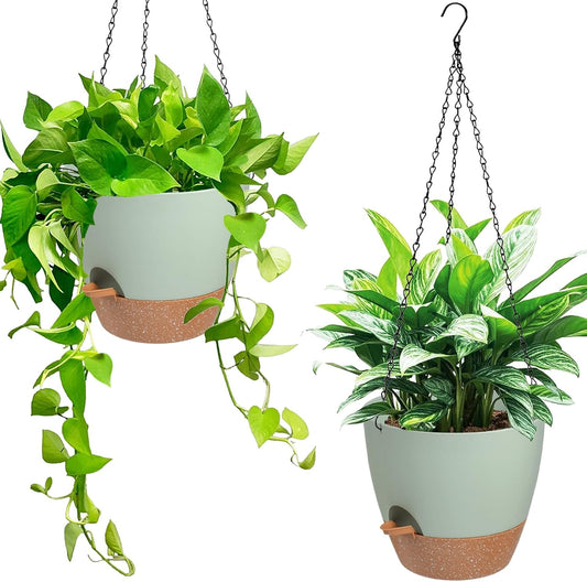 Hanging Planters for Indoor Outdoor Plants, 2 Pack Self Watering Hanging Pot with Drainage Holes & Removable Tray (Green, 6'')