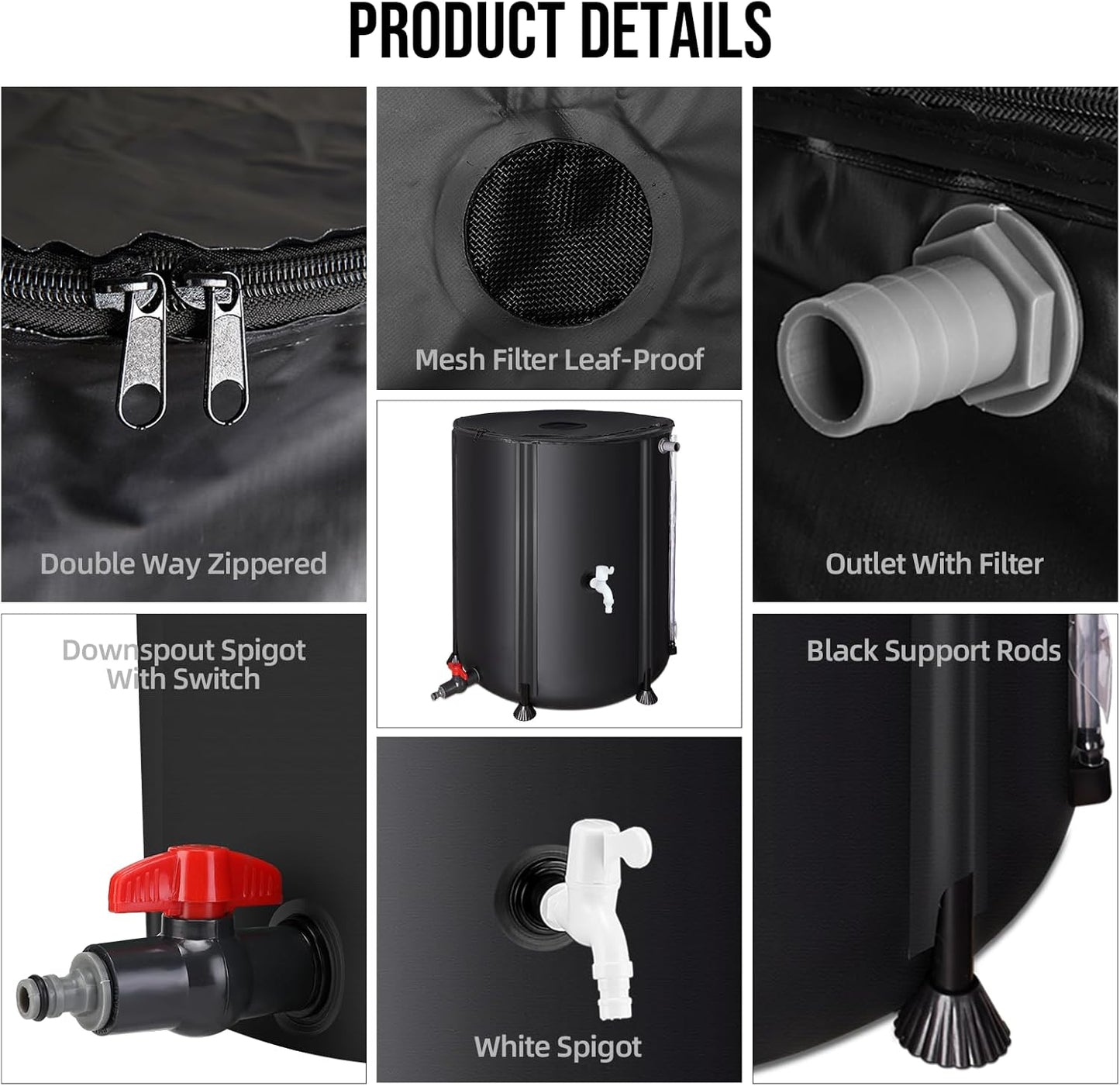 Collapsible Rain Barrel Water Collection System - 53 Gallon Portable Water Storage Tank,Foldable Rainwater Collect System Downspout, Water Catcher Container with Filter, Spigots＆Overflow Kit,Black