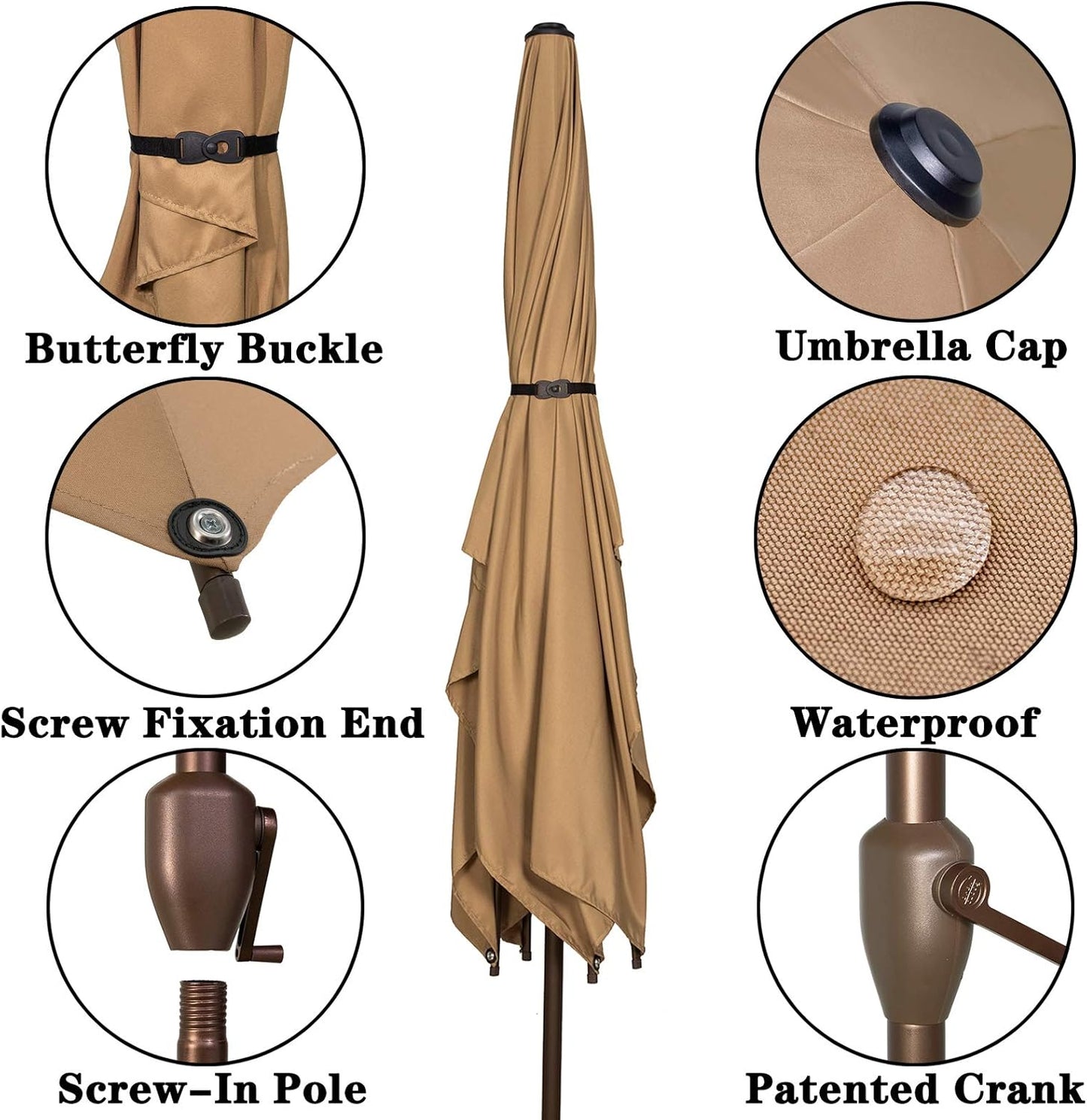 Ogrmar 6.5x10ft Patio Umbrella Rectangular Outdoor Table Umbrella with Crank & Push Button Tilt for Terrace, Backyard, Garden, Courtyard, Swimming Pool, Lawn (Tan)