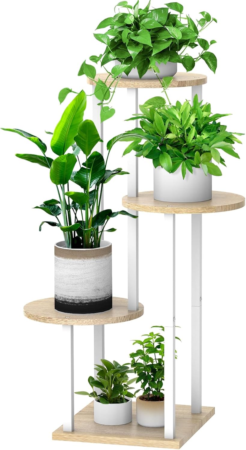 4 Tier Wood Tall Plant Stand Metal Rack Indoor, Multiple Flower Pot Holder Shelves Corner Rack, Round Planter Shelf Display Rack Storage Organizer for Patio Living Room Balcony(White Oak)