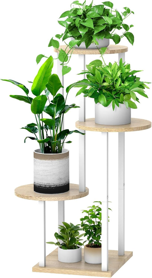 4 Tier Wood Tall Plant Stand Metal Rack Indoor, Multiple Flower Pot Holder Shelves Corner Rack, Round Planter Shelf Display Rack Storage Organizer for Patio Living Room Balcony(White Oak)