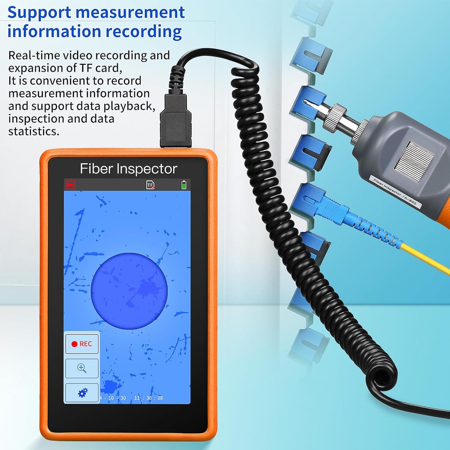 Orange A-600 Handheld 400x Fiber Optic end face Detector Magnifier Fiber Optic Microscope 5-inch high-Definition Touch Screen for SC/FC/ST/LC UPC Male/Female Head Interface Fiber Inspector (A-600U)