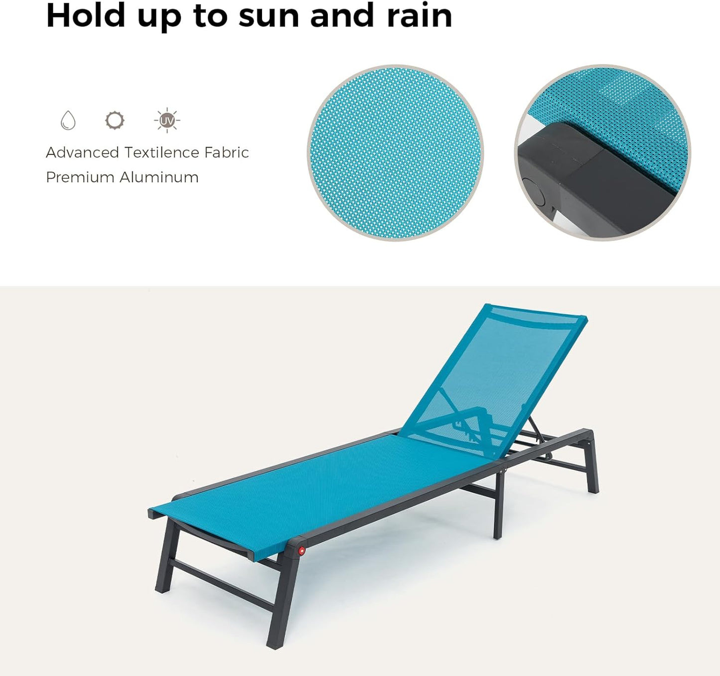 Aluminum Chaise Lounge Chair Outdoor, Foldable Patio Lounge Chair 2 Sets Assemble-Free, Pool Lounge Chairs with 5 Adjustable Backrest, Outdoor Lounge Chairs for Outside Poolside Beach Lawn Blue