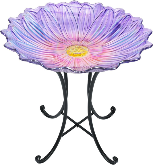 MUMTOP Outdoor Glass Birdbath with Metal Stand for Outside Yard Garden Decor, 18 inch Diameter Purple Bird Baths Bowl for Outdoors, 21 inch Height
