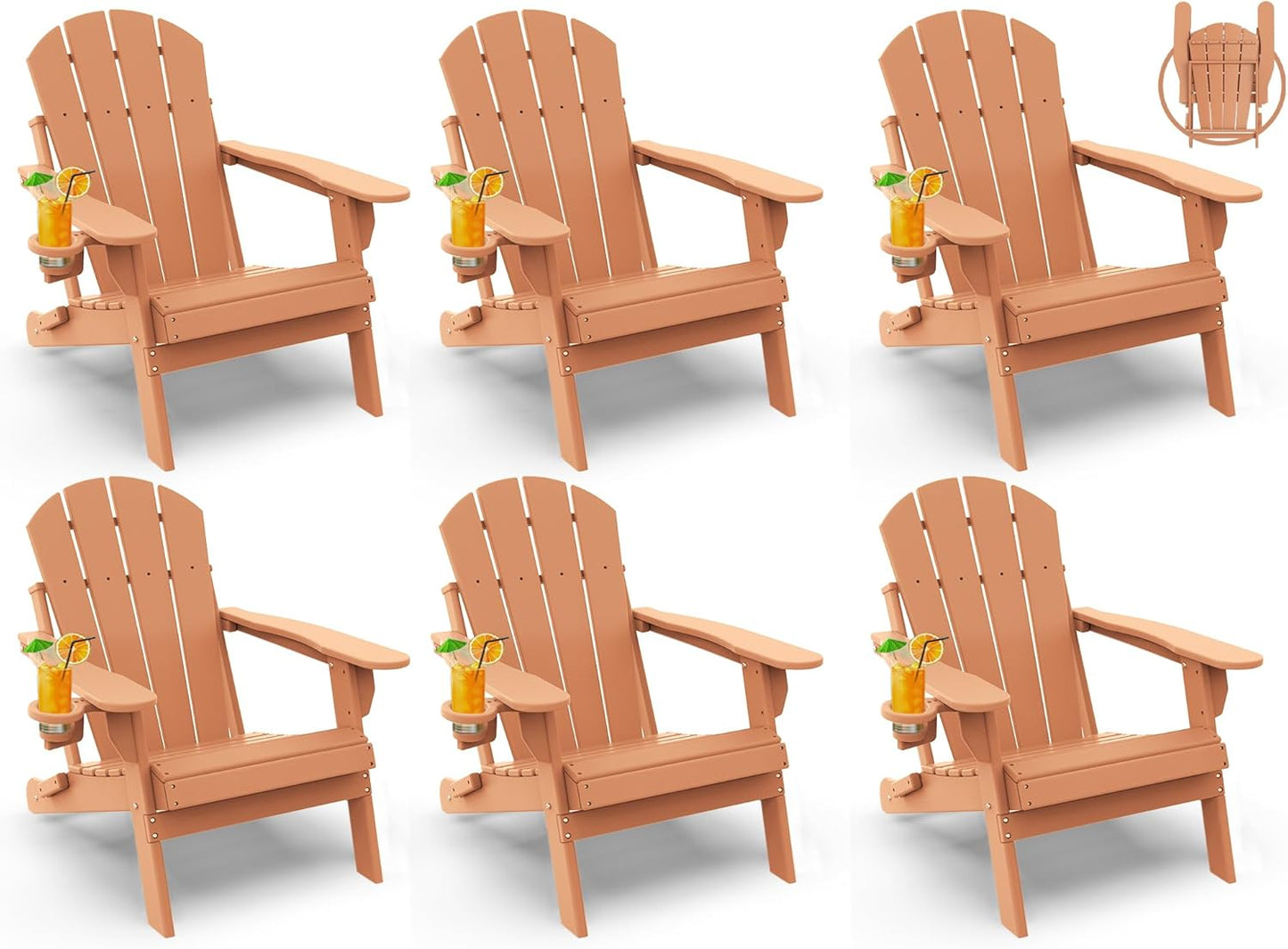 GREENVINES Folding-Adirondack-Chairs-Set-of-6 | HDPE Plastic | Fire Pit Chair | All Weather | Cup Holder | Teak | for Deck Backyard Patio Outdoor Garden