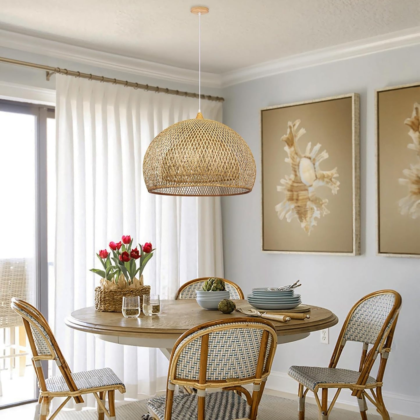 Arturesthome 23.6" Weaving Bamboo Pendant Light for Kitchen Island, Wicker Chandelier, Handmade Woven Hanging Ceiling Light Lampshade for Living Room Bedroom