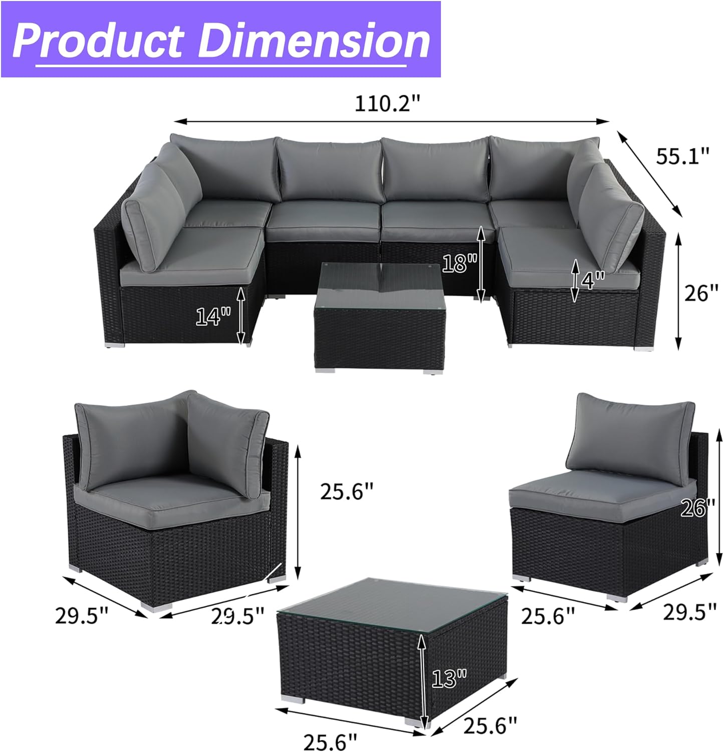 7 Piece Patio Furniture Set, Outdoor Couch Set—All-Weather Outdoor Furniture Sectional w Water Resistant ThickCushions, Patio Sofa Set w 2 Extra Pillows and Coffee Table, Deep Gray/Black