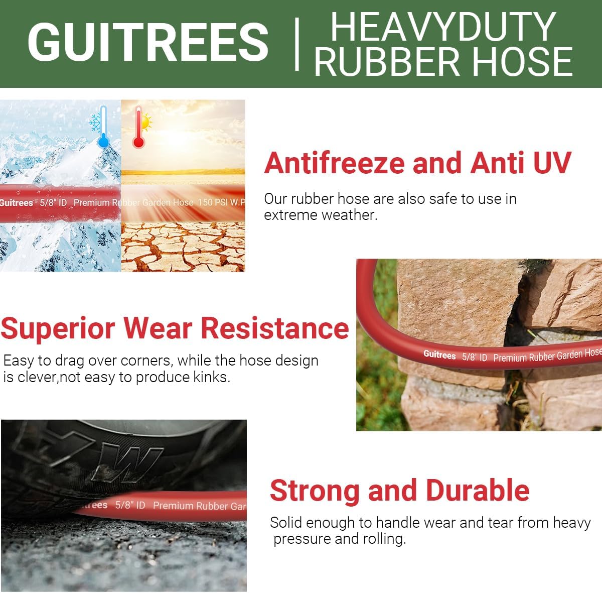 25FT 5/8 Heavy Duty Rubber Garden Hose - 200psi Working, 1000psi Burst - Hot/Cold Water - Five-Layered Braiding for Durability - Versatile for Gardening, Agriculture, Construction(Red)