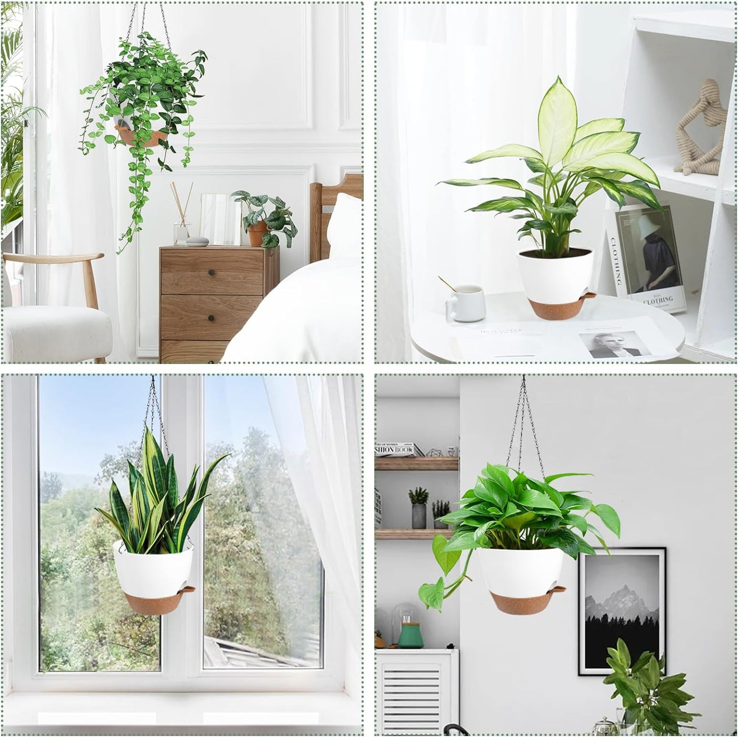 Hanging Planters for Indoor Outdoor Plants, 2 Pack Self Watering Hanging Pot with Drainage Holes & Removable Tray (White, 6'')