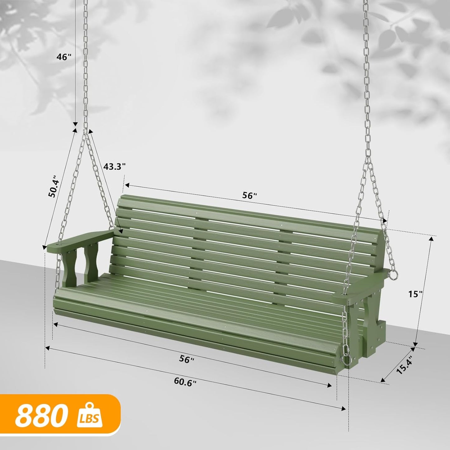 VINGLI Upgraded Patio Wooden Porch Swing for Courtyard & Garden, Heavy Duty 880 LBS Swing Chair Bench with Hanging Chains for Outdoors (Green, 5 FT)