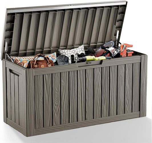81 Gallon Outdoor Storage Box Waterproof, UV Resistant Resin Deck Box with Hydraulic Rod, Lockable Design and Enhanced Durability for Patio, Garden, and Poolside Use