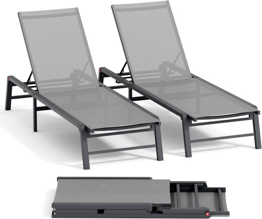 Aluminum Chaise Lounge Chair Outdoor, Foldable Patio Lounge Chair 2 Sets Assemble-Free, Pool Lounge Chairs with 5 Adjustable Backrest, Outdoor Lounge Chairs for Outside Poolside Beach Lawn Grey