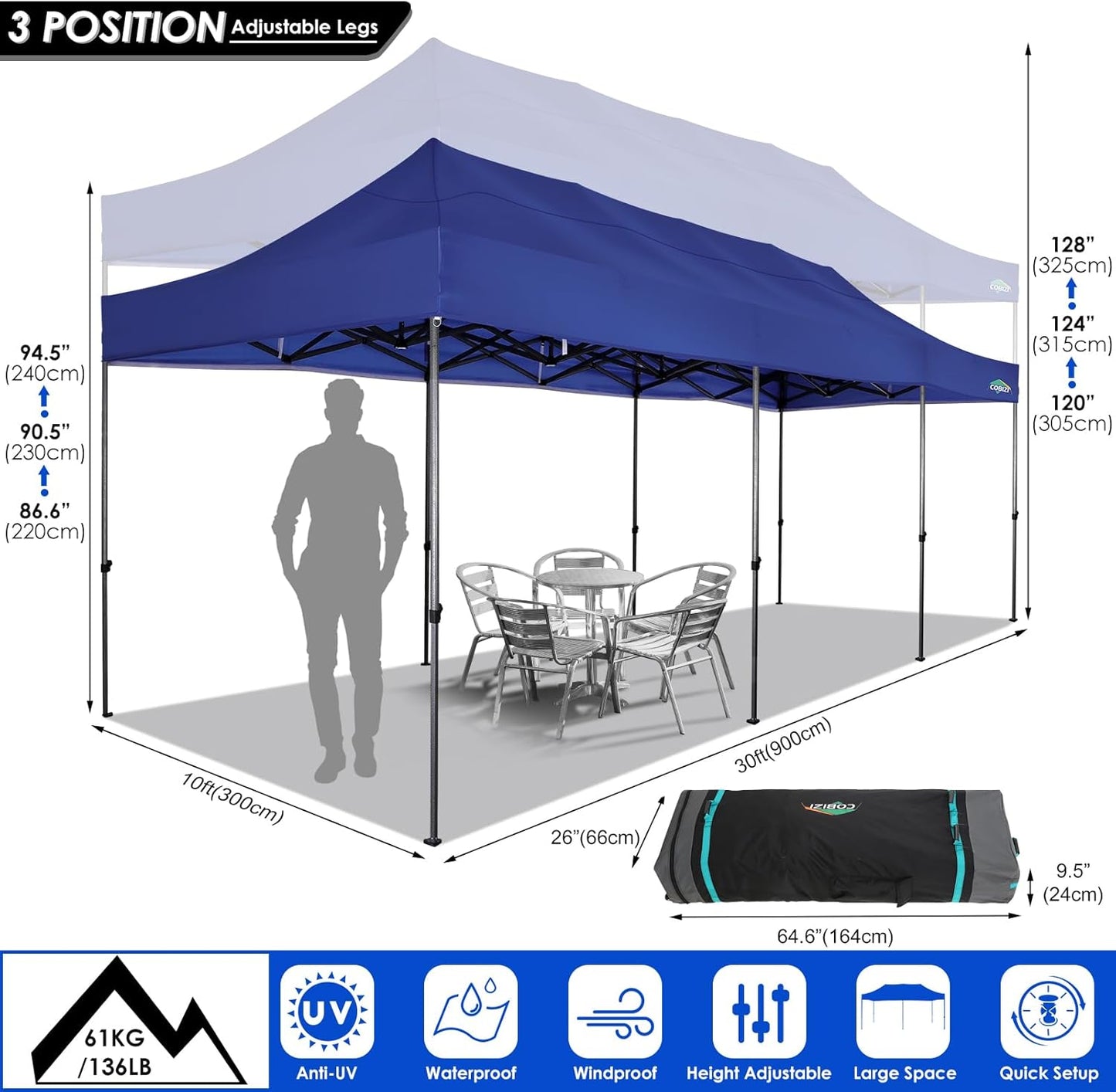 COBIZI 10x30 Pop up Canopy Tent 10x30 Canopy with Sidewalls, Heavy Duty Party Tent Tents for Parties, Foldable UPF 50+ Waterproof Commercial Easy up Canopy with Roller Bag, Navy Blue(Windproof)