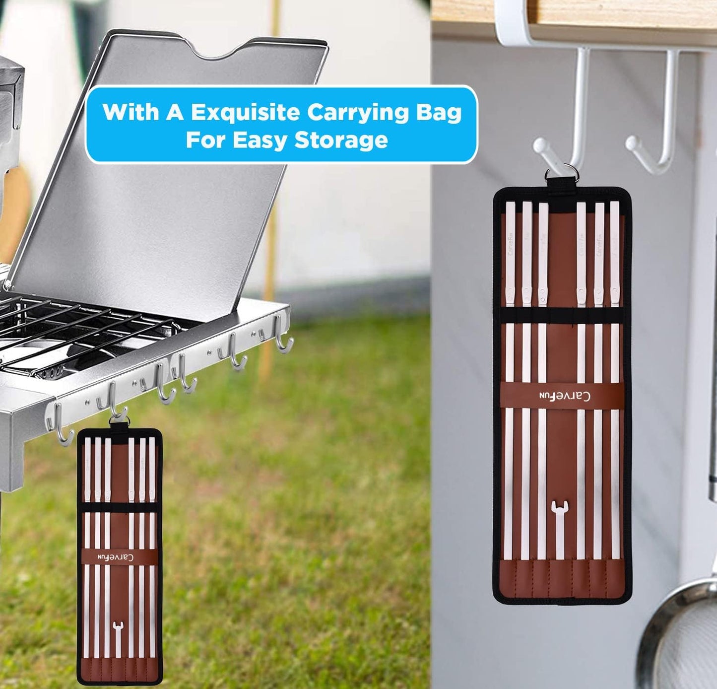 Innovative Thermal Insulation Handle BBQ Skewers Set - 6 Stainless Steel Wide BBQ Kebob Sticks For Grill - Flat Metal With 1 Food Remover Bar - 16.7' Inch Metal Kabob Skewers