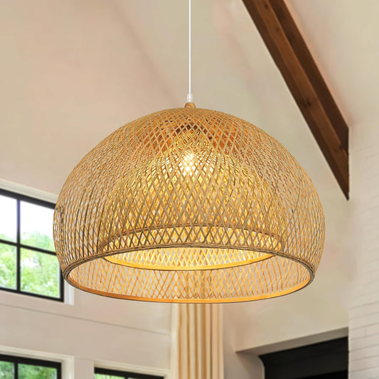 Arturesthome Bamboo Pendant Light for Kitchen Island, 17.6" Wicker Chandelier Lighting, Handmade Woven Hanging Ceiling Light Lampshade for Living Room Bedroom