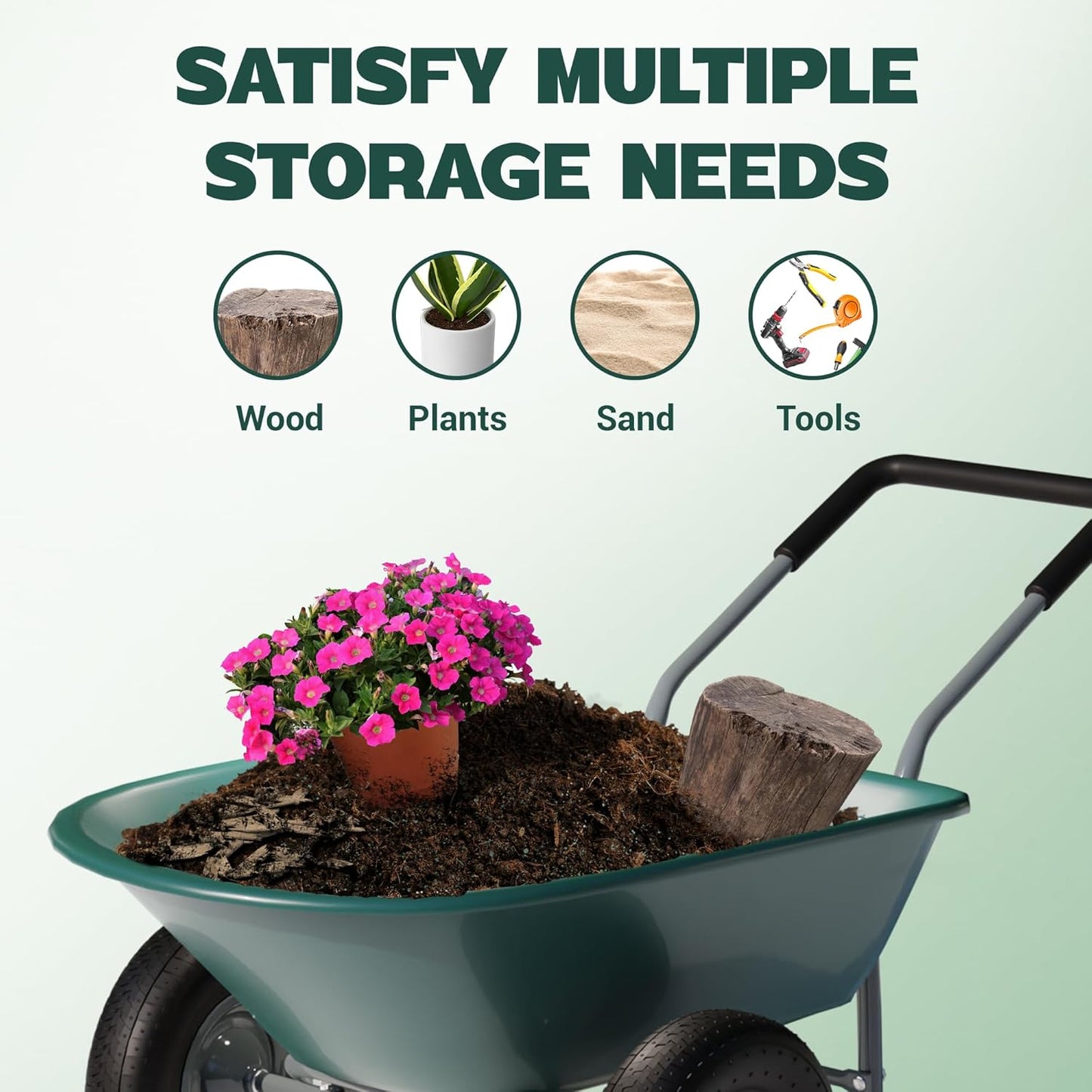 Idzo 2-Wheel Heavy-Duty Wheelbarrow Cart, 330 lb Capacity, Ergonomic Padded Handle and 14 Inch Pneumatic Tires for Maximum Stability, Ideal Wagon for Moving Soil, Shrubs, Plants, Easy Assembly