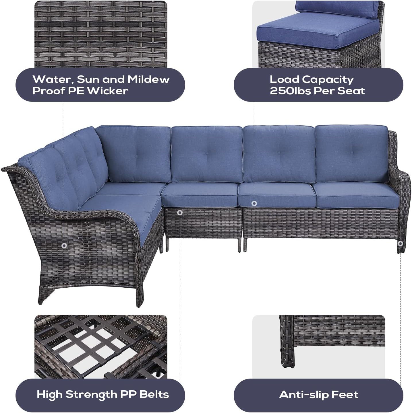 Outdoor Furniture Sectional Sofa L Shaped Couch - Patio Wicker Set with 2 Swivel Glider Chairs, 5 Piece Rattan Patio Conversation Sets with Blue Cushion for Deck Backyard Sunroom