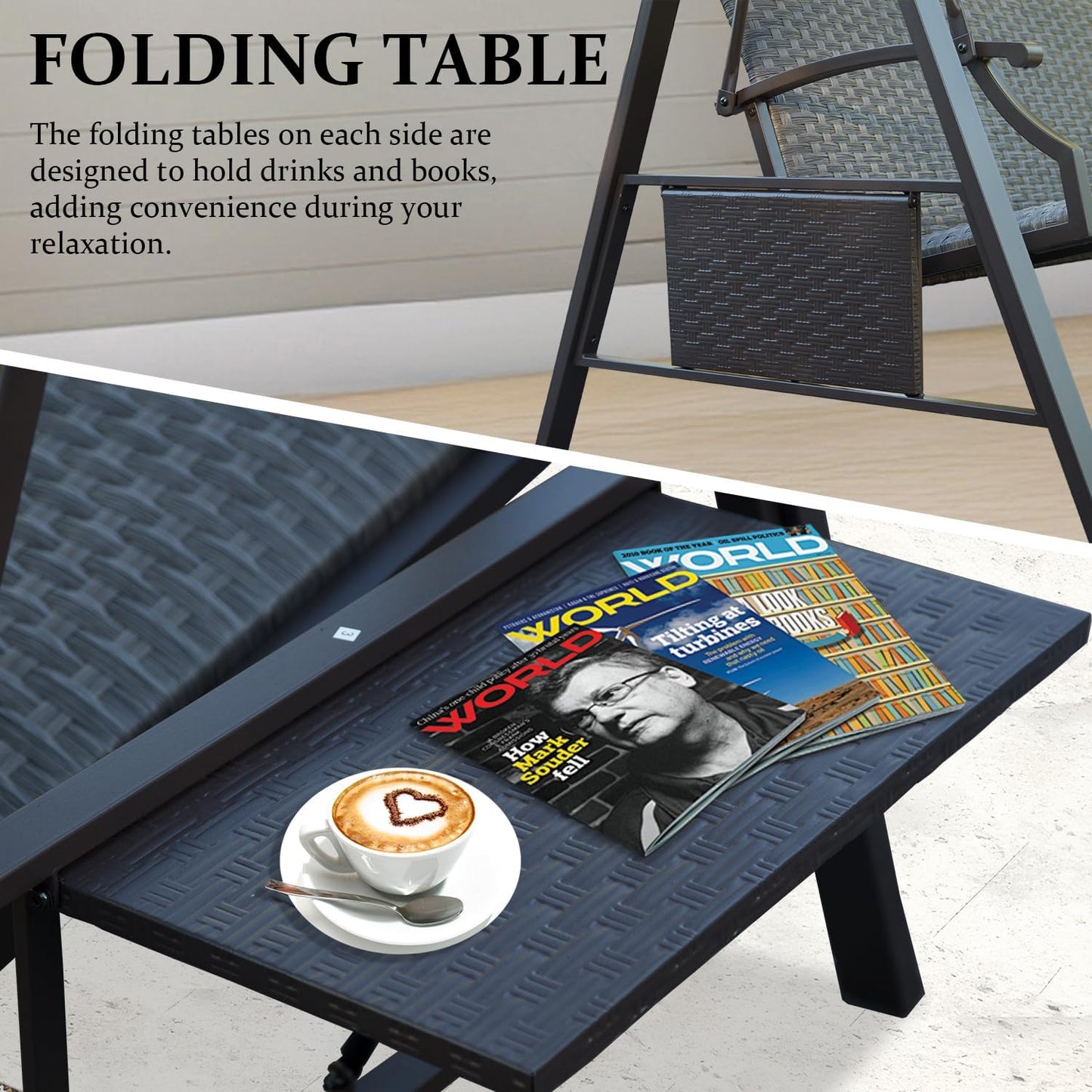 Domi 3-Seat Outdoor Porch Swing w/Adjustable Polycarbonate Hardtop and Side Table, Wicker Patio Swing Chair Bench with Steel Frame and Quick-Drying Foam Seat, Perfect for Backyard Garden and Lawn