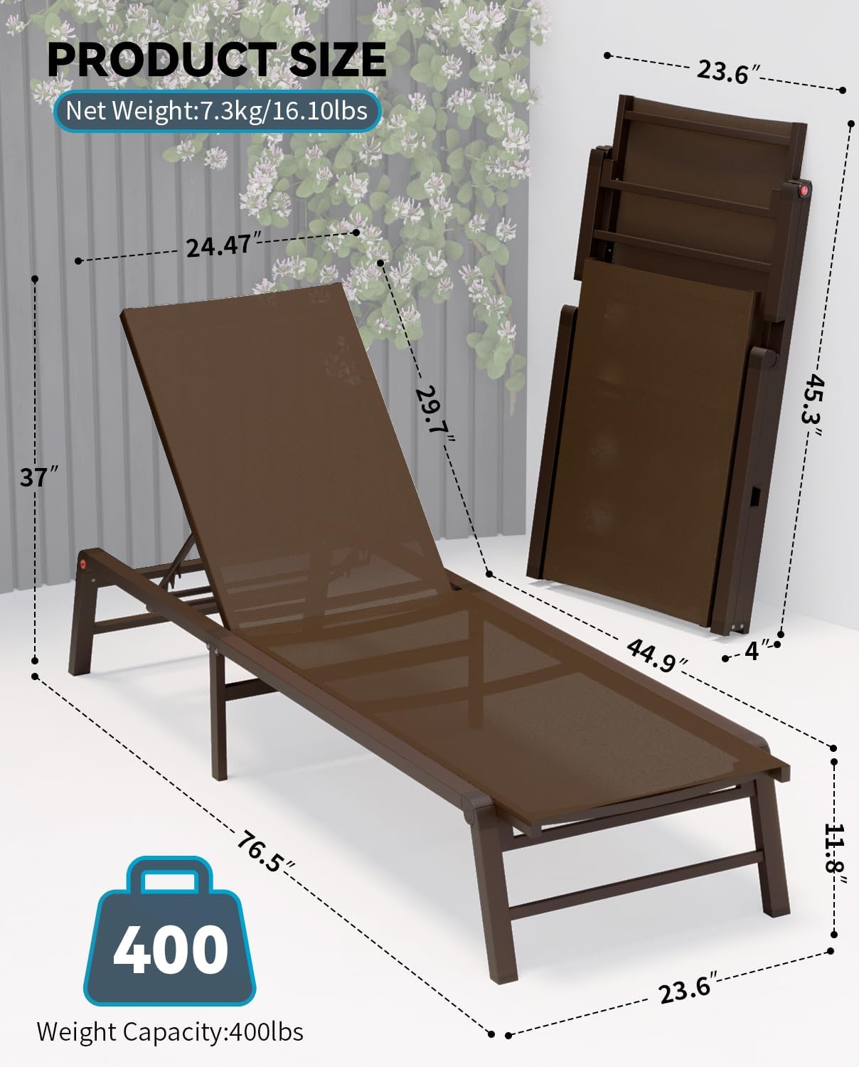 Aluminum Chaise Lounge Chair Outdoor, Foldable Patio Lounge Chair Assemble-Free, Pool Lounge Chairs with 5 Adjustable Backrest, Outdoor Lounge Chairs for Outside Poolside Beach Lawn Brown