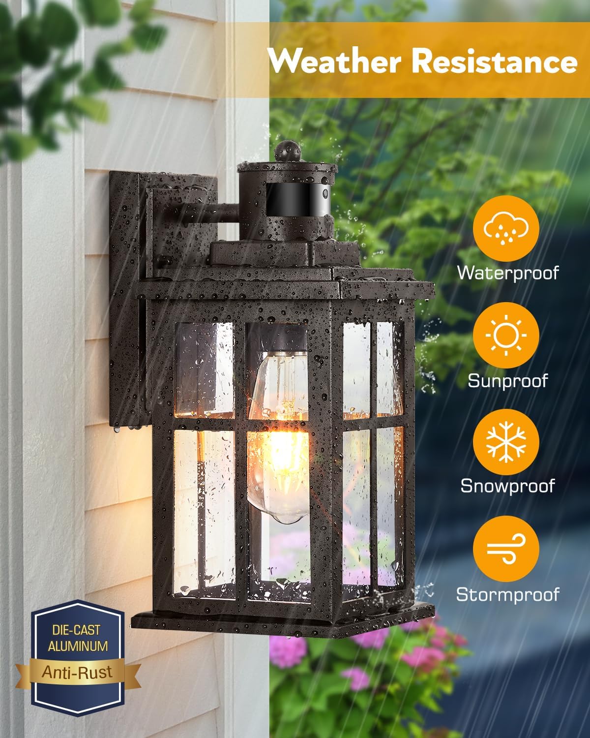 Outdoor Motion Sensor Light, 2 Pack Outside Sconce, Bronze Motion Sensor for Outside, Anti-Rust, Outdoor Light Fixture with Tempered Clear Glass for House, Garage,Entryway, Waterproof