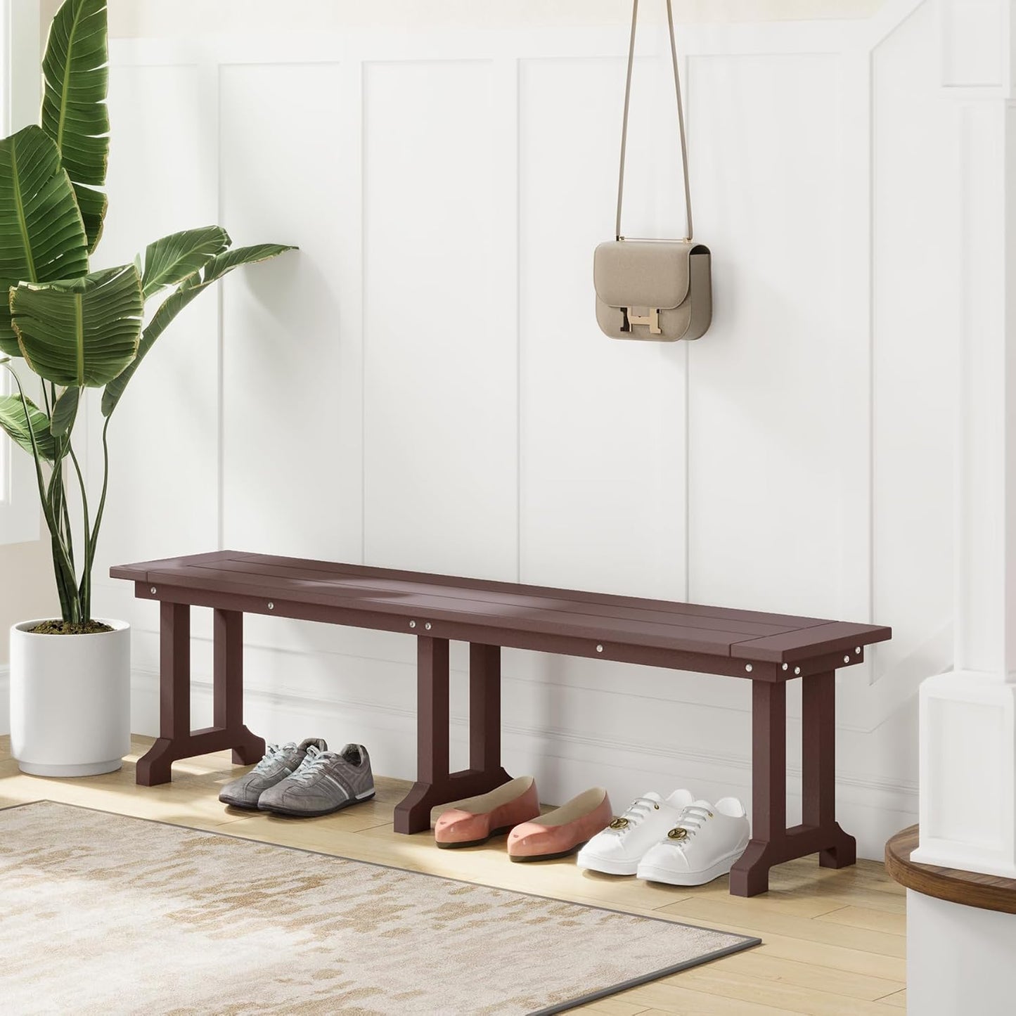 Outdoor Benches Weatherproof, Park Long Bench Poly Lumber Backless for Entryway Front Porch Garden Bench Seat for Patio, Dark Brown