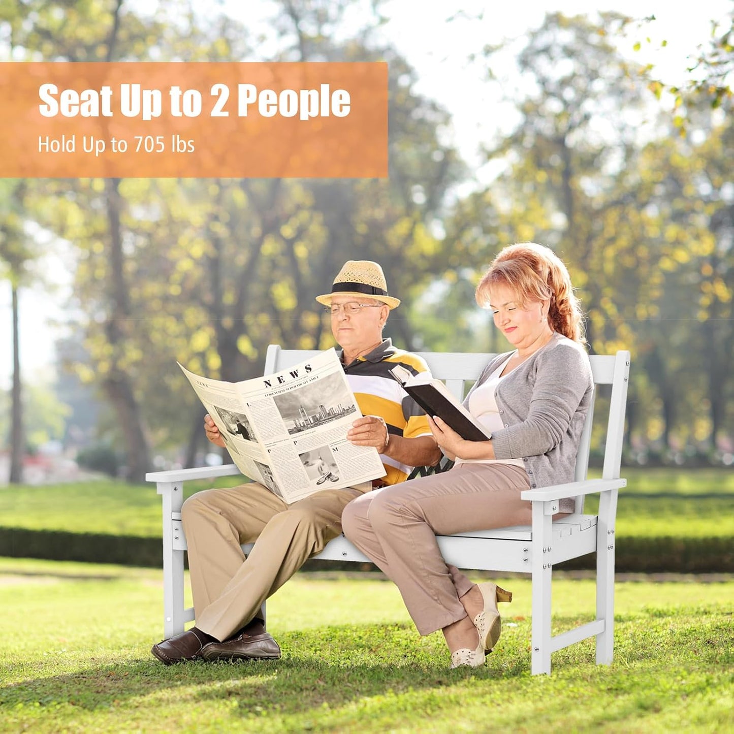 Giantex Outdoor Bench, 52-Inch Outside Bench All-Weather HDPE Park Bench with Backrest and Armrests, 705 lbs Weight Capacity, 2-Person Slatted Patio Bench for Porch, Yard, Lawn, Garden Bench (White)