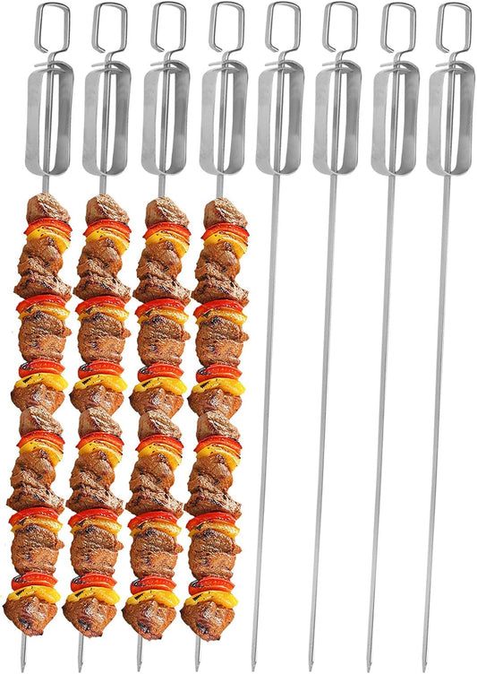 BBQ Skewers, Premium 304 Stainless Steel BBQ Skewers,15 Inch Heavy Duty Metal Kabob Sticks for Grilling, Reusable & Dishwasher Safe (Single fork8)
