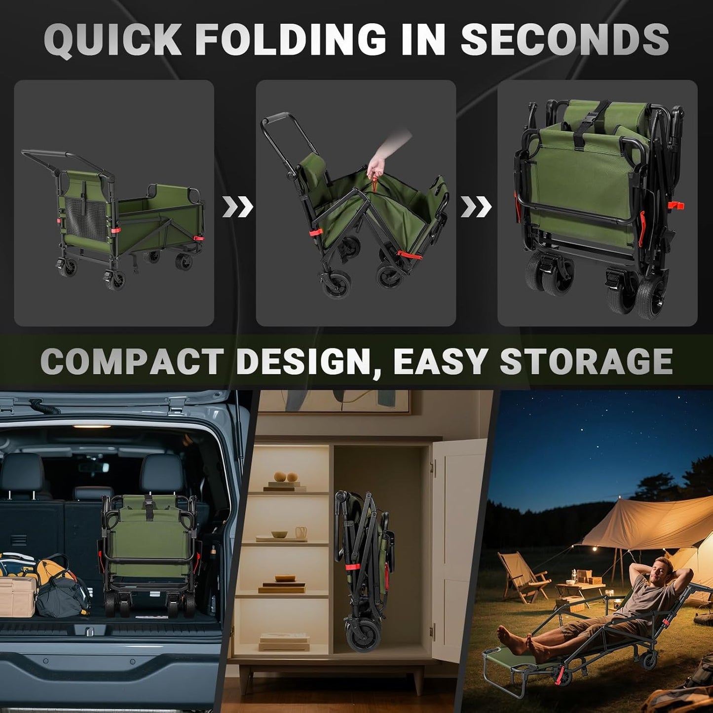 LEVELEVE Heavy Duty Folding Wagon - 2-in-1 Collapsible Cart, 400lb Capacity, All-Terrain Wheels w/Brakes & Side Pockets (Army Green)