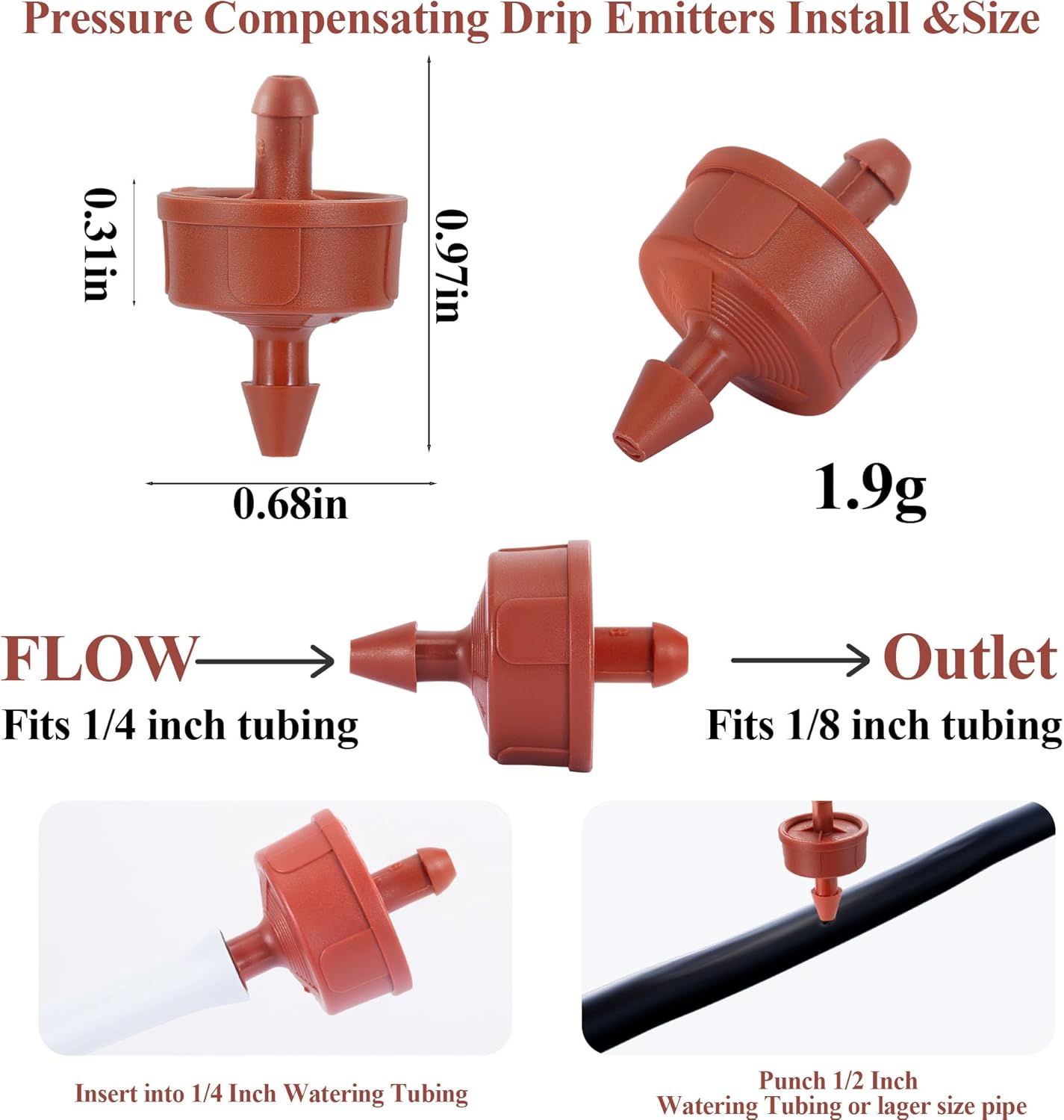 30Pcs 2GPH Pressure Compensating Irrigation Spot Drippers,Constant Flow Barb Outlet Watering Dripper Emitters Heads Parts for 1/4 Inch Watering Tubing Line for Garden Pots Plant Irrigation Systems