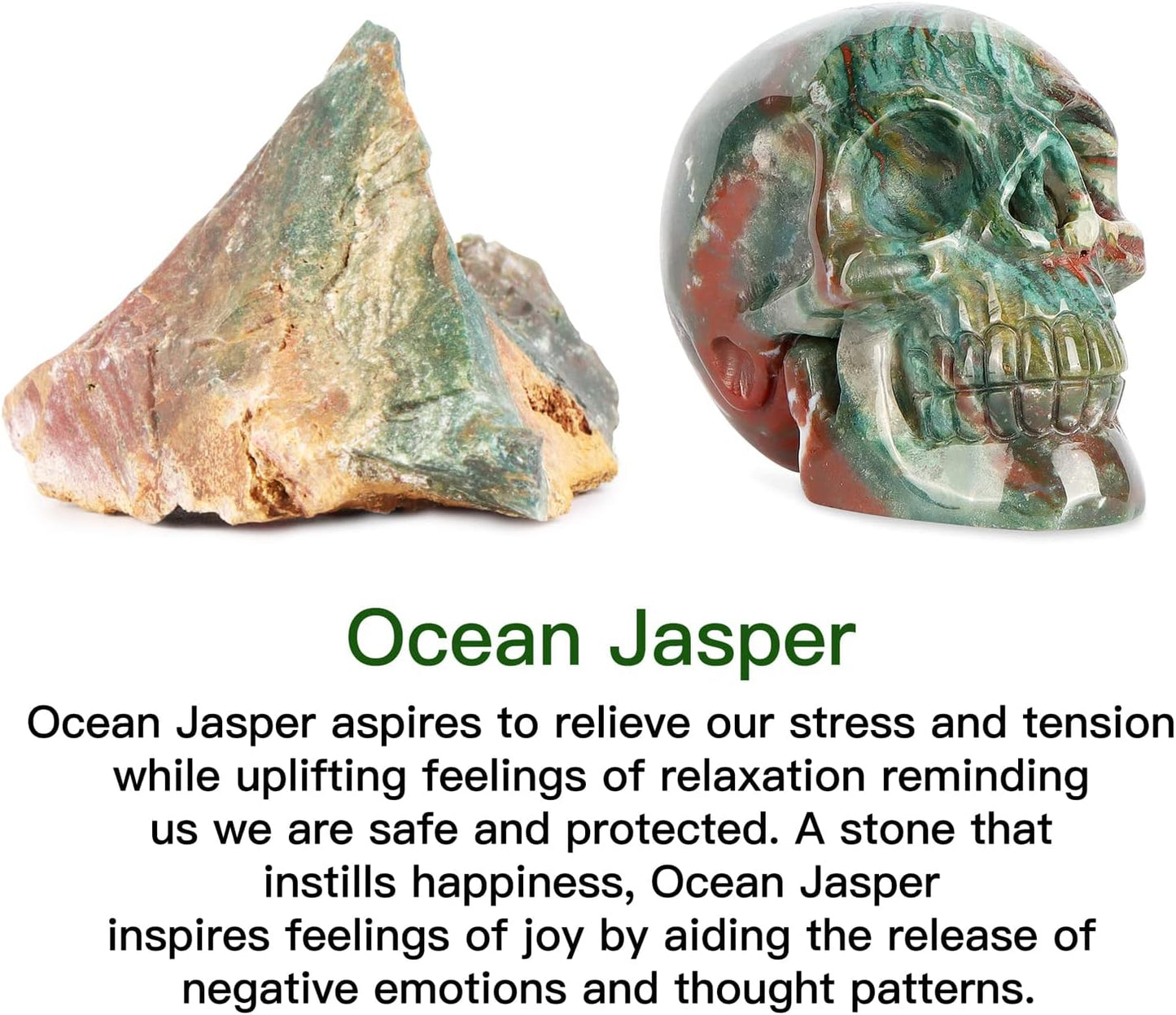 3.0" Ocean Jasper Crystal Skull Head Decor Figurine Healing Stone Carved Sugar Skull Stutue Sculpture Ornament for Day of Dead Decorations Home Office