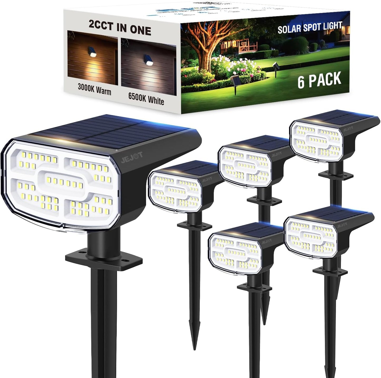 Solar Spot Lights Outdoor Waterproof IP65,6 Pack,2CCT(3000K/6500K), Super Bright LED, 4 Lighting Modes Selectable, Solar Powered Yard Garden Solar Spot Lights for Outside Landscape Auto On/Off