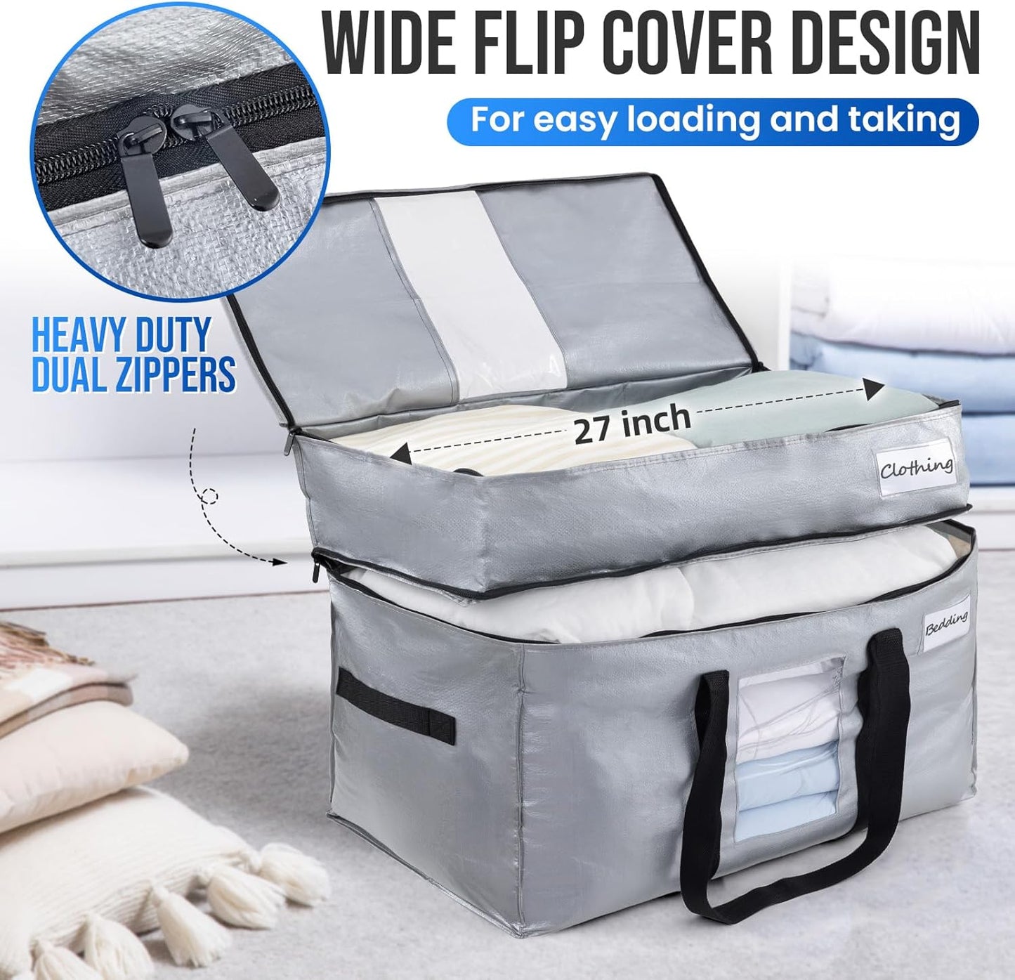 TAILI 2 Tier Extra Large Moving Bags, 4 Pack Silver Heavy Duty Totes For Storage with Visible Window, Wrap Around Handles, Storage Bags for Space Saving, Alternative to Moving Boxes