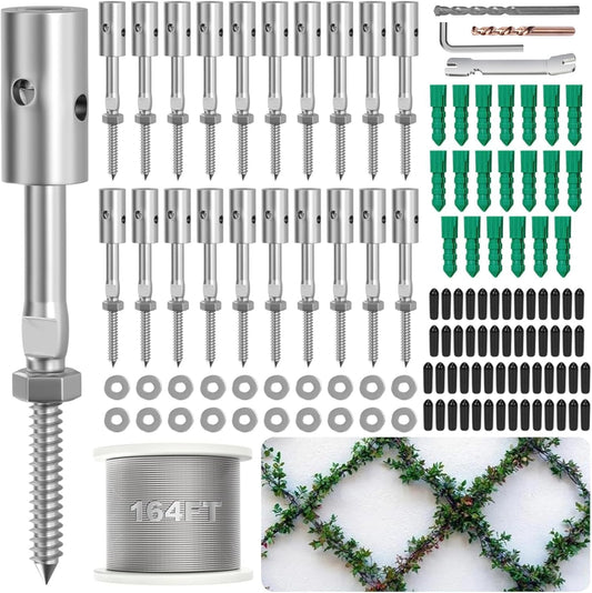 20 Set Trellis Wire for Climbing Plants Outdoor, T316 Wall Wire Trellis Kit with Stainless Steel Cable 1/8" x 164ft, Espalier System Cable Trellis Kit with Adjustable Spacing Vines Green Wall