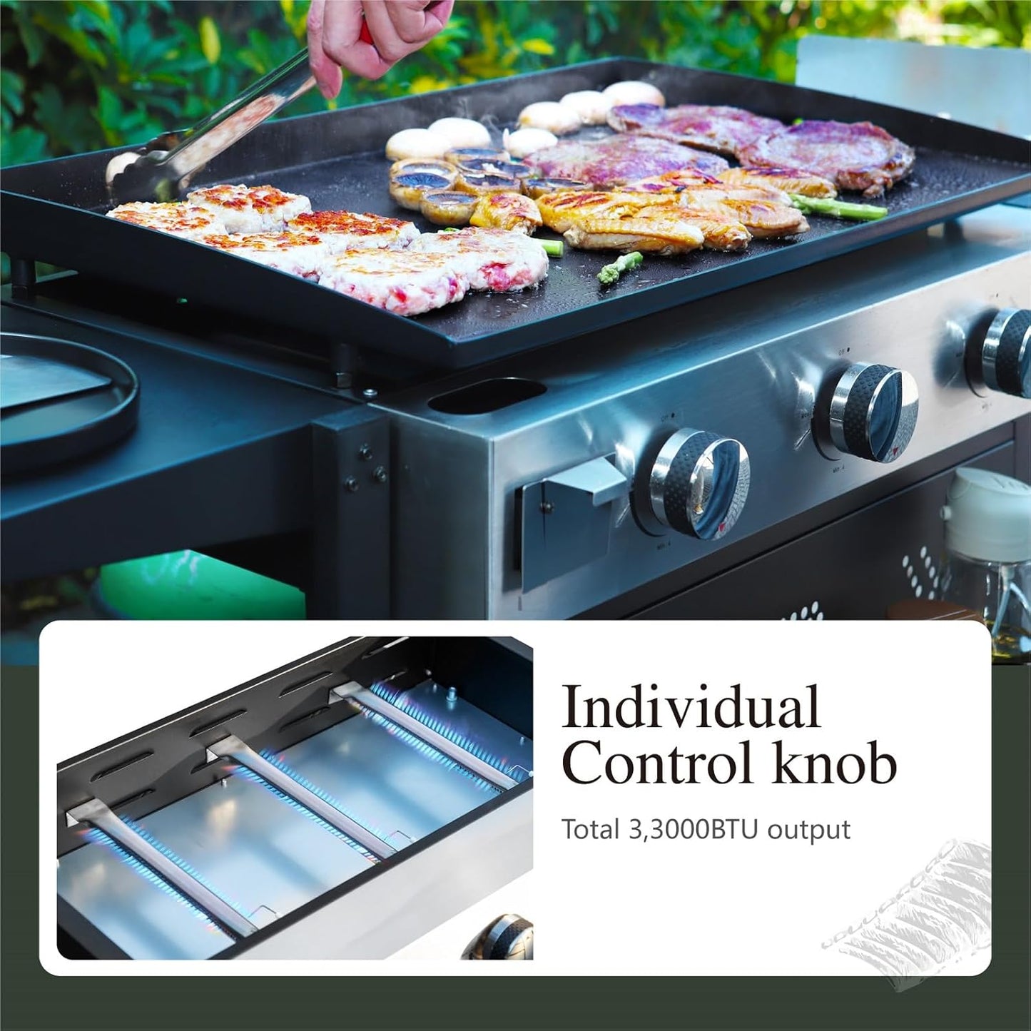 Sophia & William 27-Inch Flat Top Grill with Ceramic Coated Cast Iron Griddle, 3-Burner Propane Gas BBQ Griddle, Portable Outdoor Barbecue Grill,33,000 BTU,Black