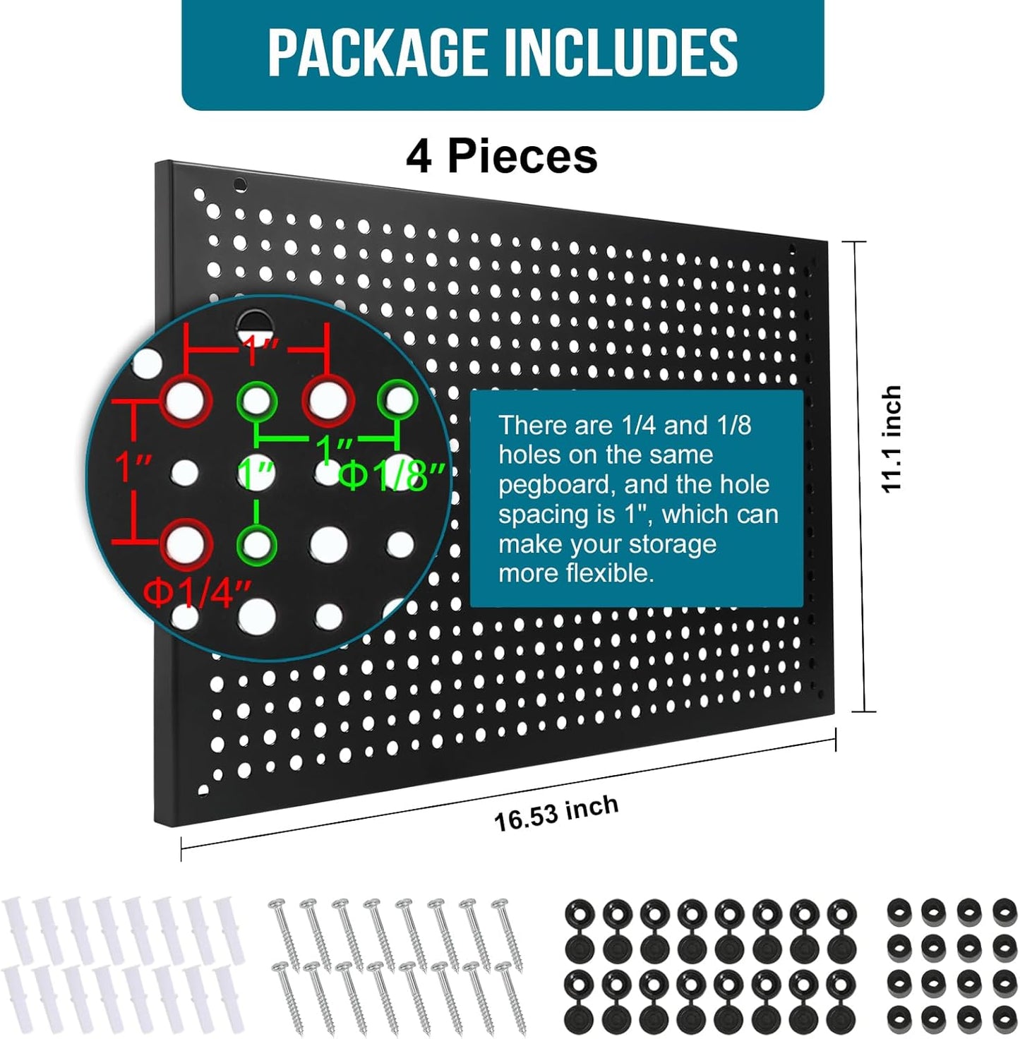 4 Pack Heavy Duty Steel Pegboard Garage Organization Panels,Universal 1/8 and 1/4 Pegboard Accessories,Suitable for Tool Storage,Garage Storage etc. (Black, 16X10.5)