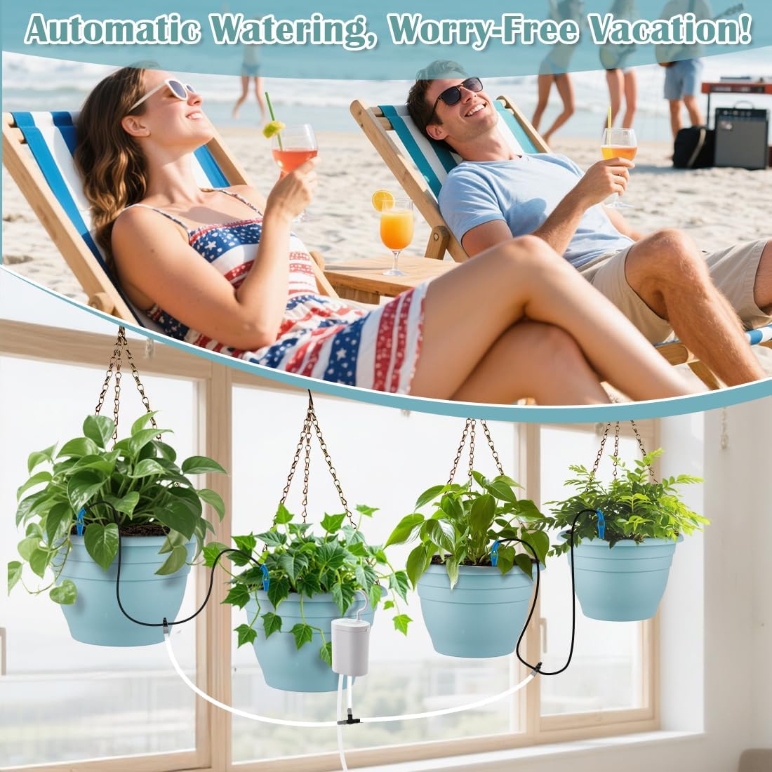 Hanging Planters 10 Inch, 4 Pcs Flower Pots Automatic Watering System Set, Self Watering Hanging Basket with Drainage Hole for Indoor Outdoor Plants, Decor, Blue