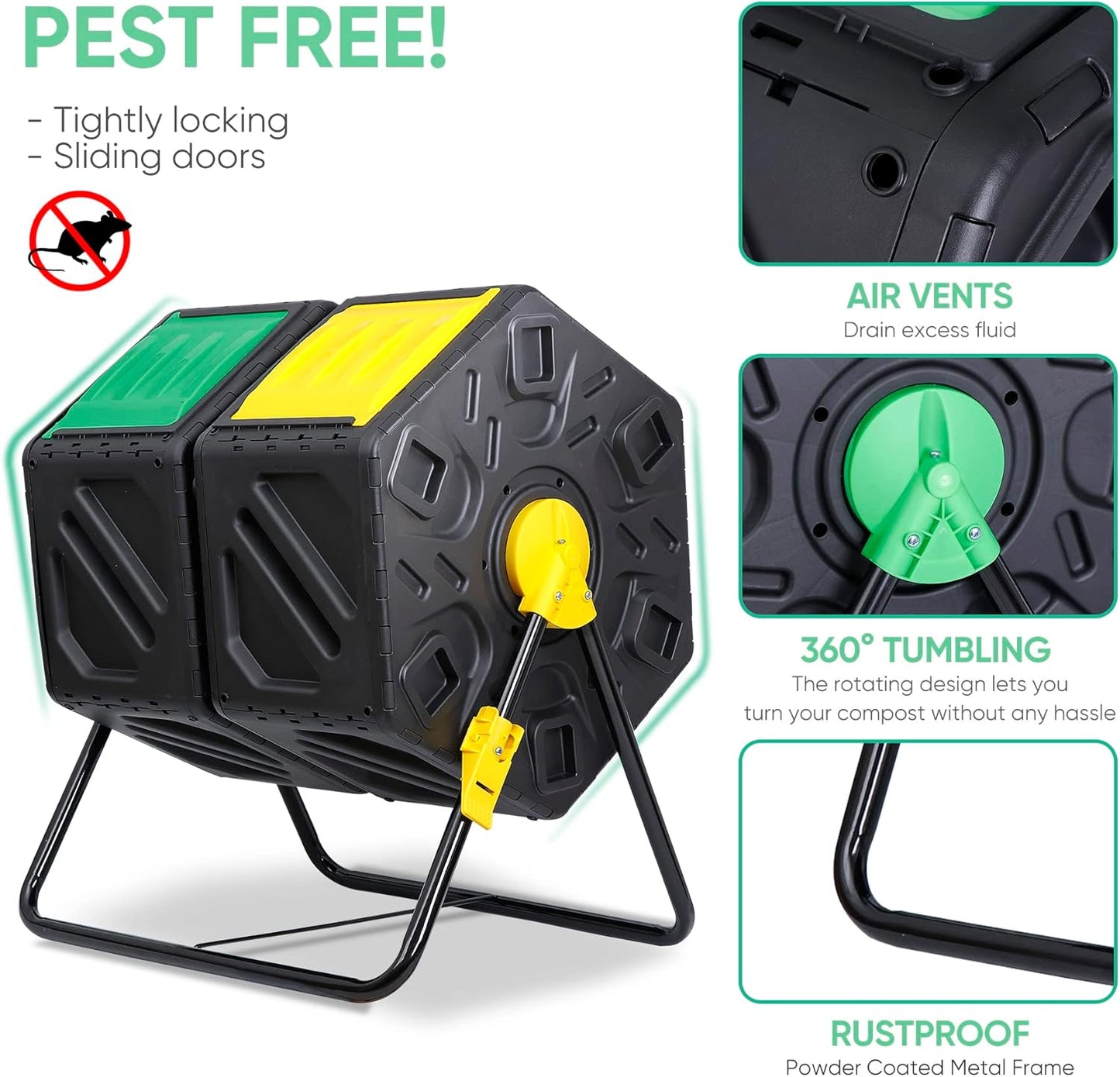 Nouva 37 Gallon Compost Bin Dual Chamber Composter Tumbler Rotating Chamber Garden Composter Bin with 2 Sliding Doors Steel Frame Outdoor Kitchen Garden Yard