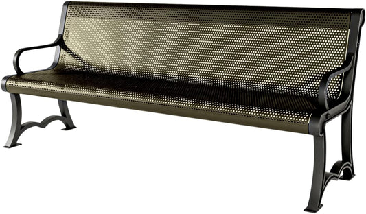 Heavy-Duty Outdoor Bench Thermoplastic Coated, Punched Steel, Commercial-Grade Garden Bench, Made in America (Portable with Back, 6 Ft, Textured Gold Vein)