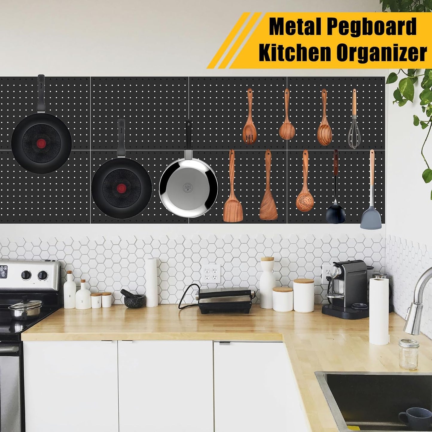 8 Pcs Metal Pegboard Panels, Heavy Duty Peg Boards for Garage and Garden Tool Storage, Includes Drywall Anchors and Screws Kits, Black (8 pcs 16in x 12in)