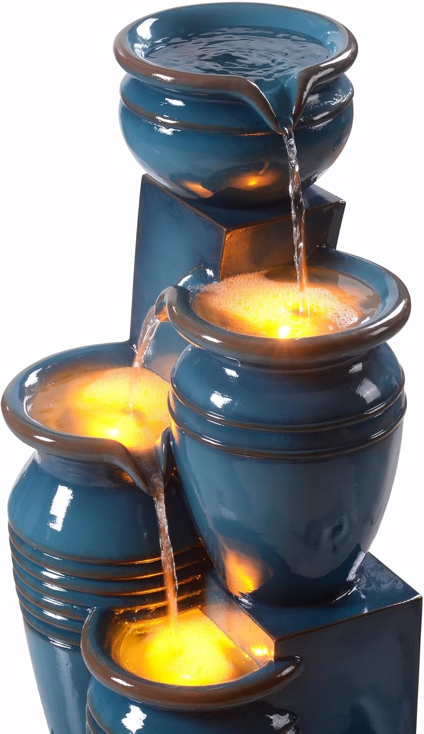 Teamson Home 28.74 in. 4-Tier Cascading Bowl Solar-Powered Water Fountain with LED Lights for Gardens, Landscaping, Patios, Balconies, Lawns, Blue