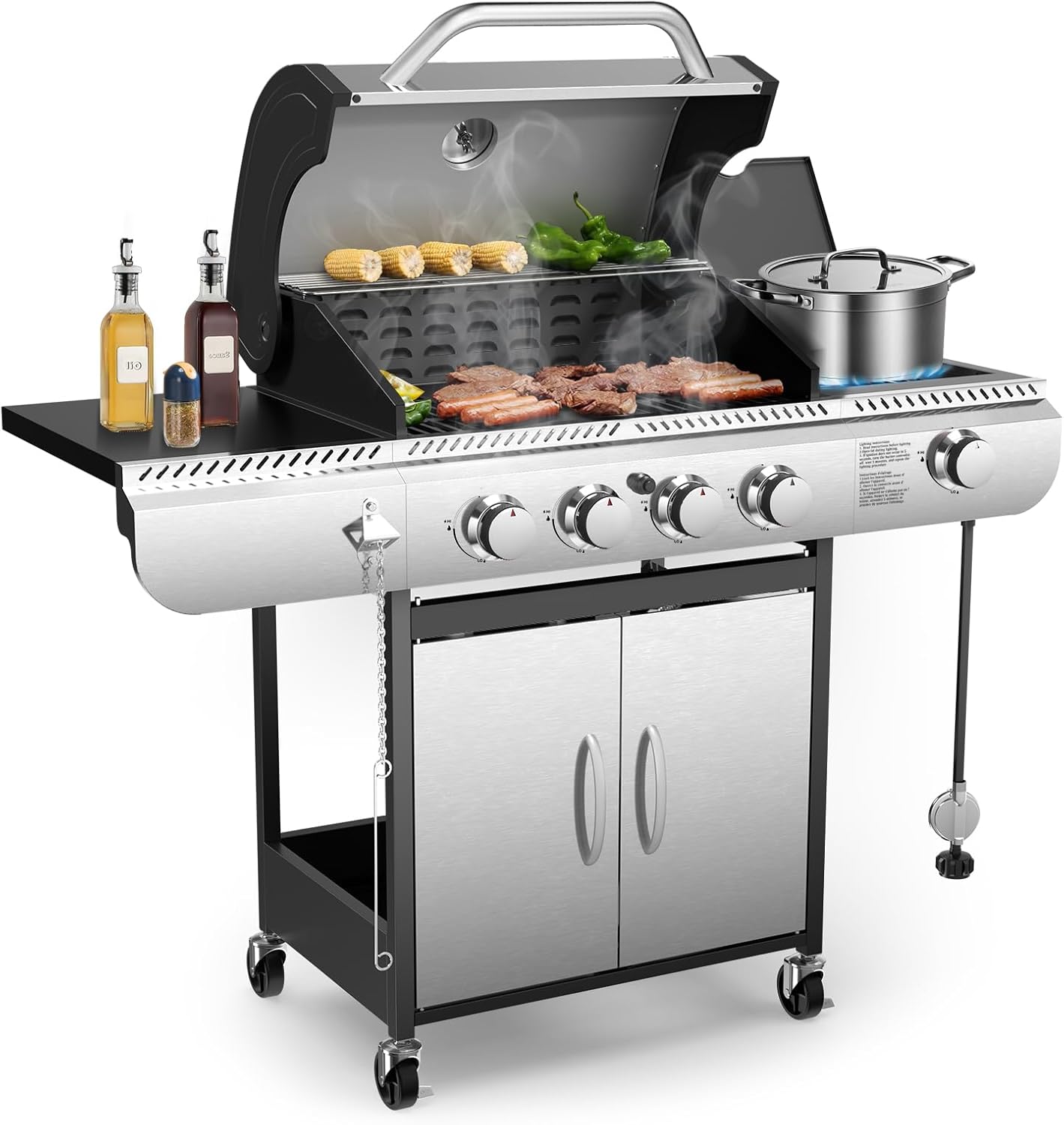 G41 Gas Grill,4-Burner Gas BBQ Grill with Side Burner, Porcelain-Enameled Cast Iron Grates, Baking Pan, 42,000 BTU Stainless Steel Propane Grill for Outdoor Cooking and Patio Barbecues