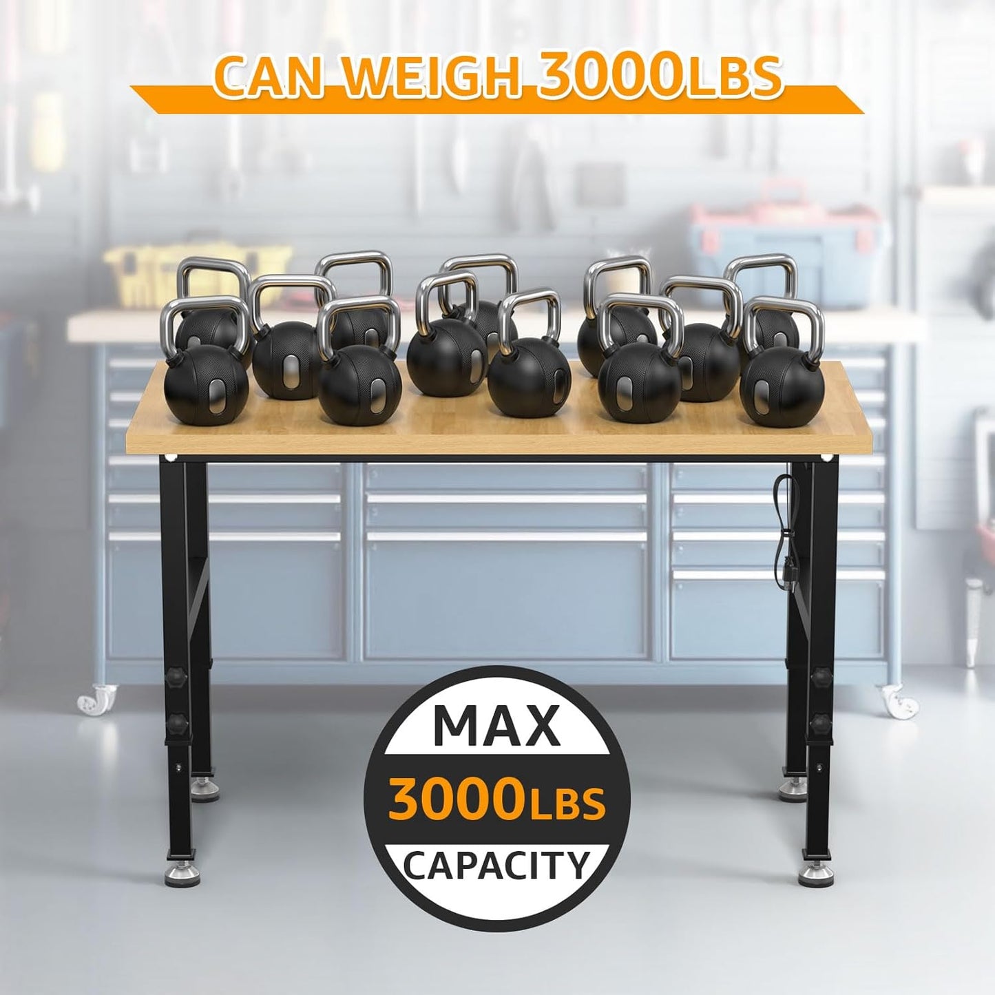 48" Adjustable Workbench,Heavy-Duty Work Table,3000 LBS Load Capacity Particleboard Hardwood Workstation Outlets with Power Strips and Fixed feet,for Workshop, Garage