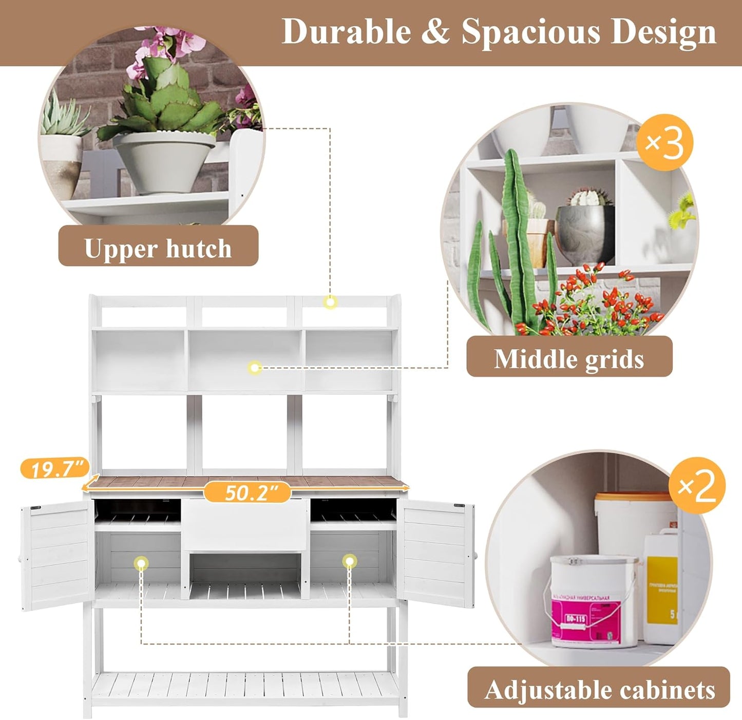 Outdoor Potting Bench-Fir Wood Garden Work Table with Hutch &Storage-Rustic Planting Station for Backyard, 50.2"x19.7" x66.1" (Natural) (White + Wood + Country Style)