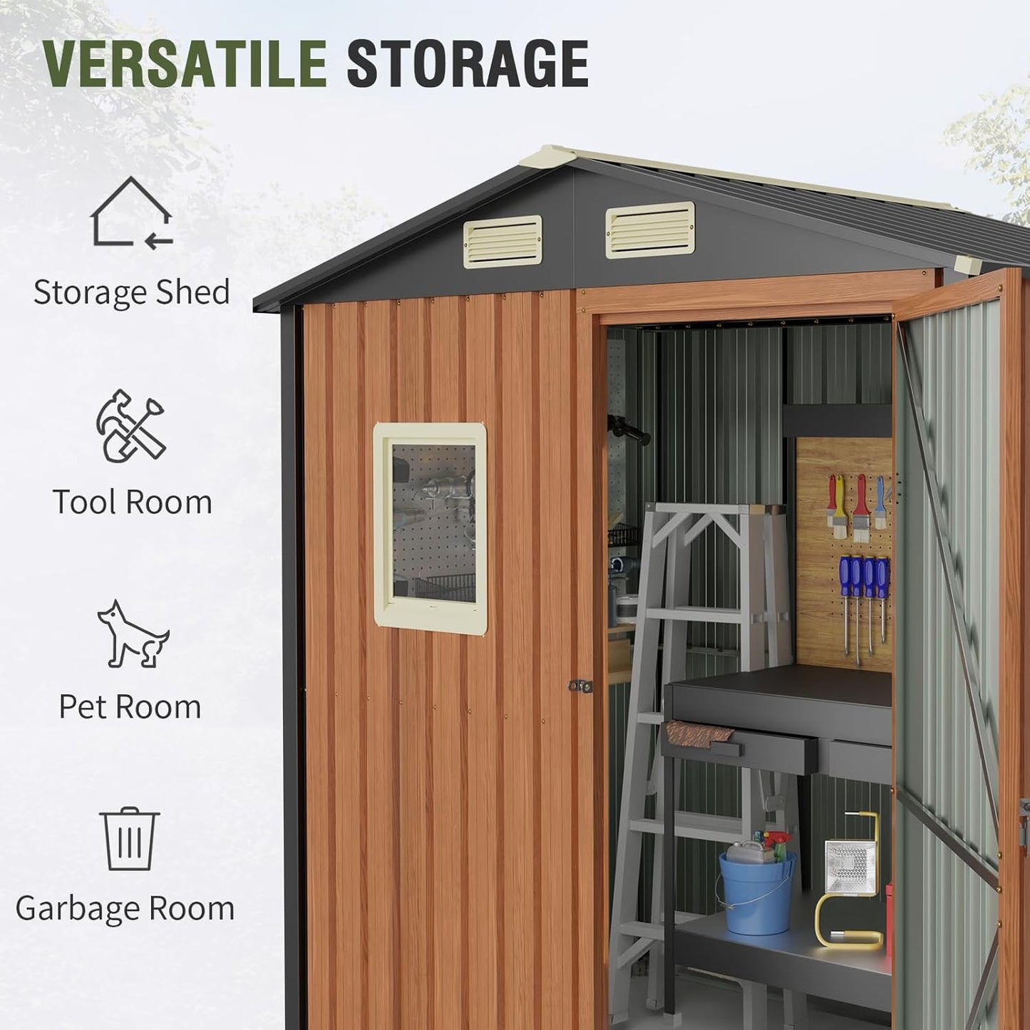 Outdoor Storage Shed 6x4 Ft, Lockable Metal Garden Shed with Window, Tool Shed Tiny House Vertical Outside Storage Building for Backyard, Lawn, Patio, Bike