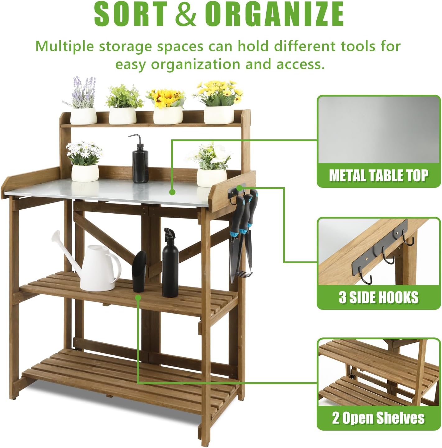 Folding Garden Potting Bench Table，Outdoor Wooden Work Station W/Metal Table Top,2 Tier Open Storage Rack,Top Shelf-Natural Stained