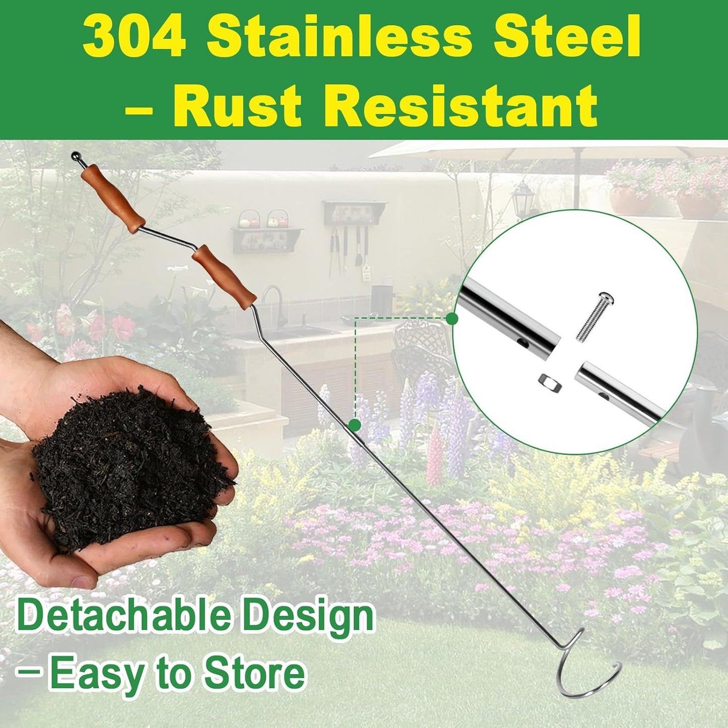 Stainless Steel Compost Aerator Tool – Manual Compost Turner for Outdoor Tumbler Bins, Rotating Mixing Tool