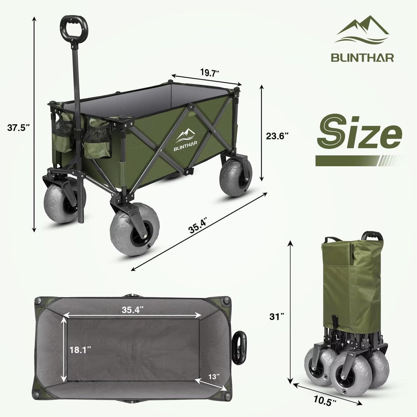 Beach Wagon with Big Wheels for Sand, Heavy Duty Collapsible Folding Wagon with All-Terrain 9" Pneumatic Tires & Drink Holders, Utility Wagon for Garden Sports Camping Outdoor Activities