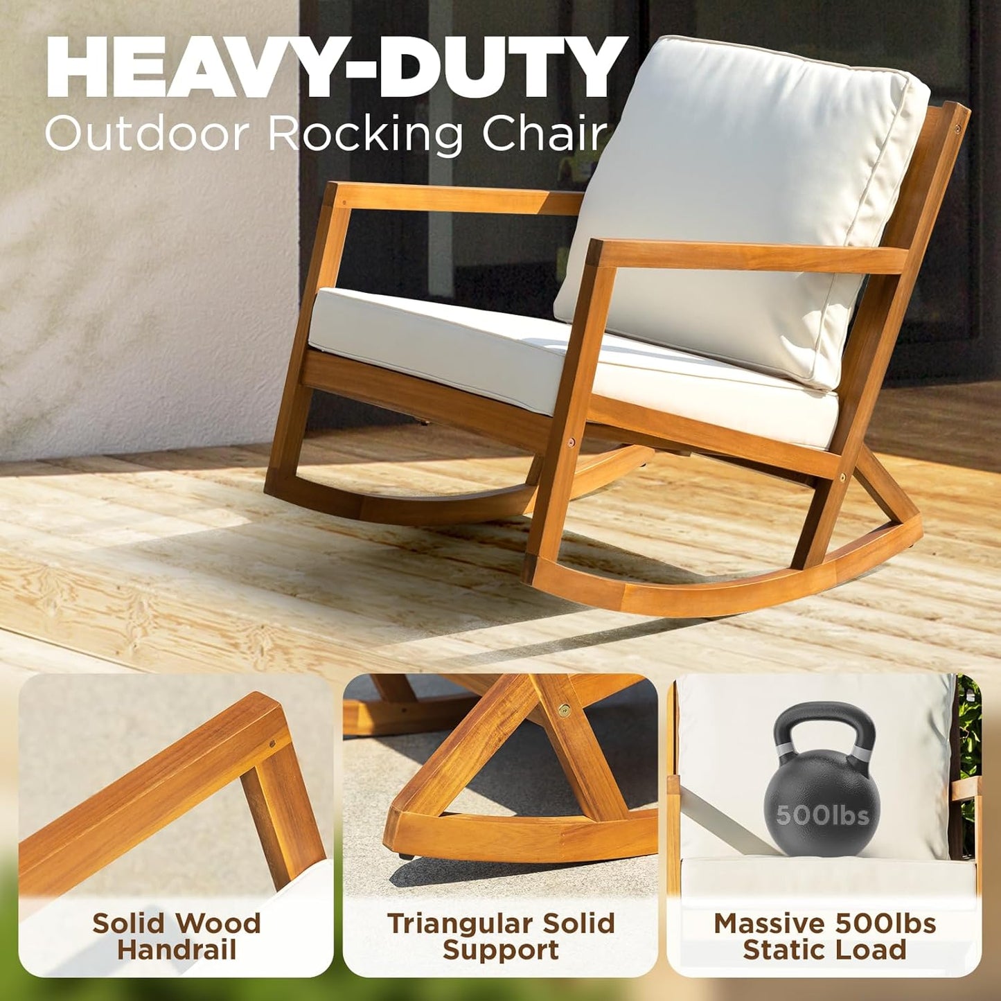 IDZO Rocking Chairs Design Heavy Duty 400lbs Capacity Wood Patio Bistro Set 3 Piece Outdoor